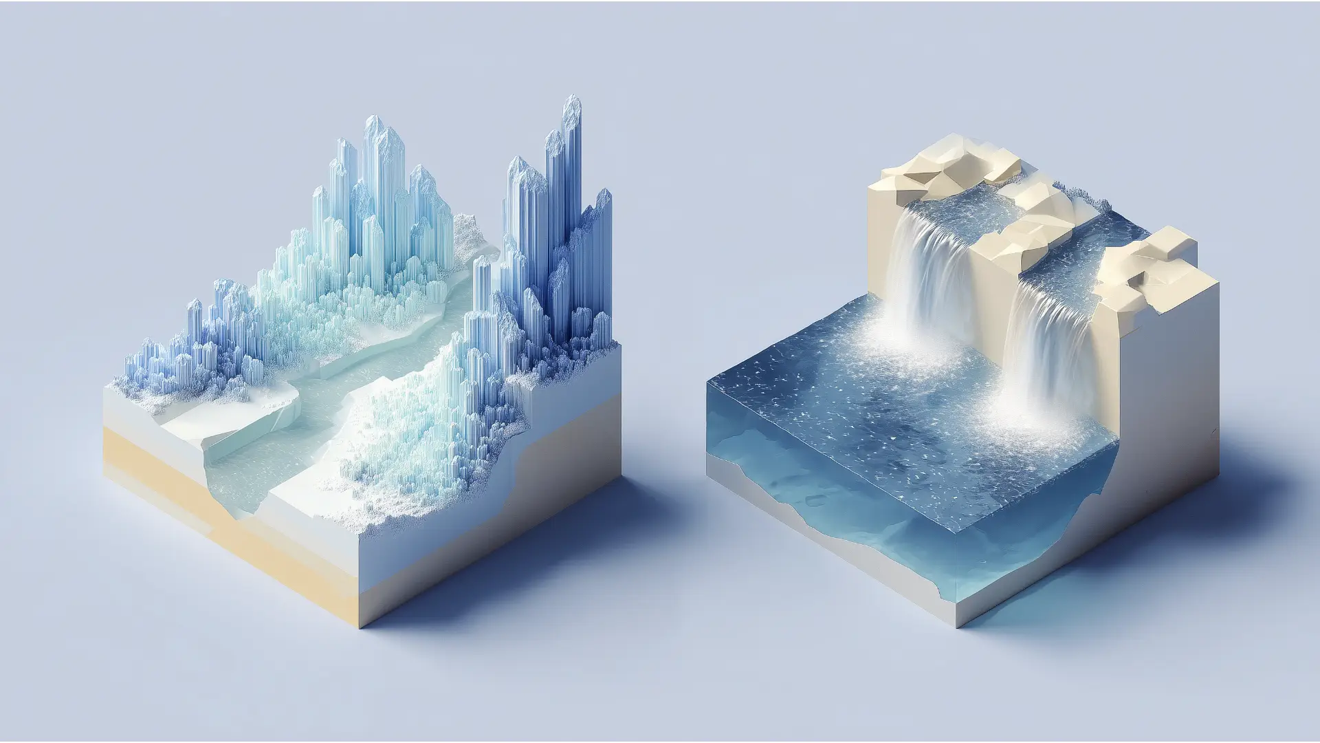 An isometric 3D landscape depicting two financial strategies, with upward-growing plum-colored crystals symbolizing wealth accumulation (IFA) on one side, and a serene, silver river representing retirement income (IRP) on the other.