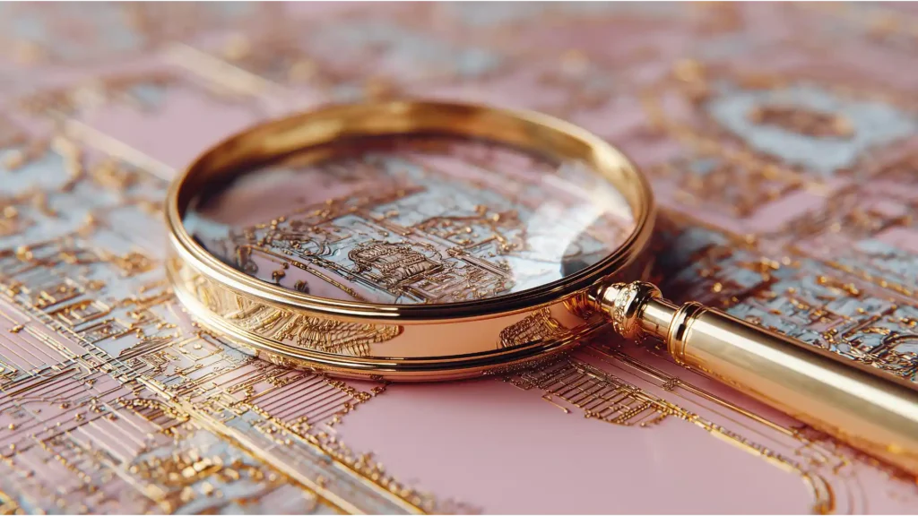 An elegant, gold magnifying glass closely examining an intricate financial blueprint, symbolizing the critical due diligence and questions to ask before starting an Immediate Financing Arrangement (IFA).
