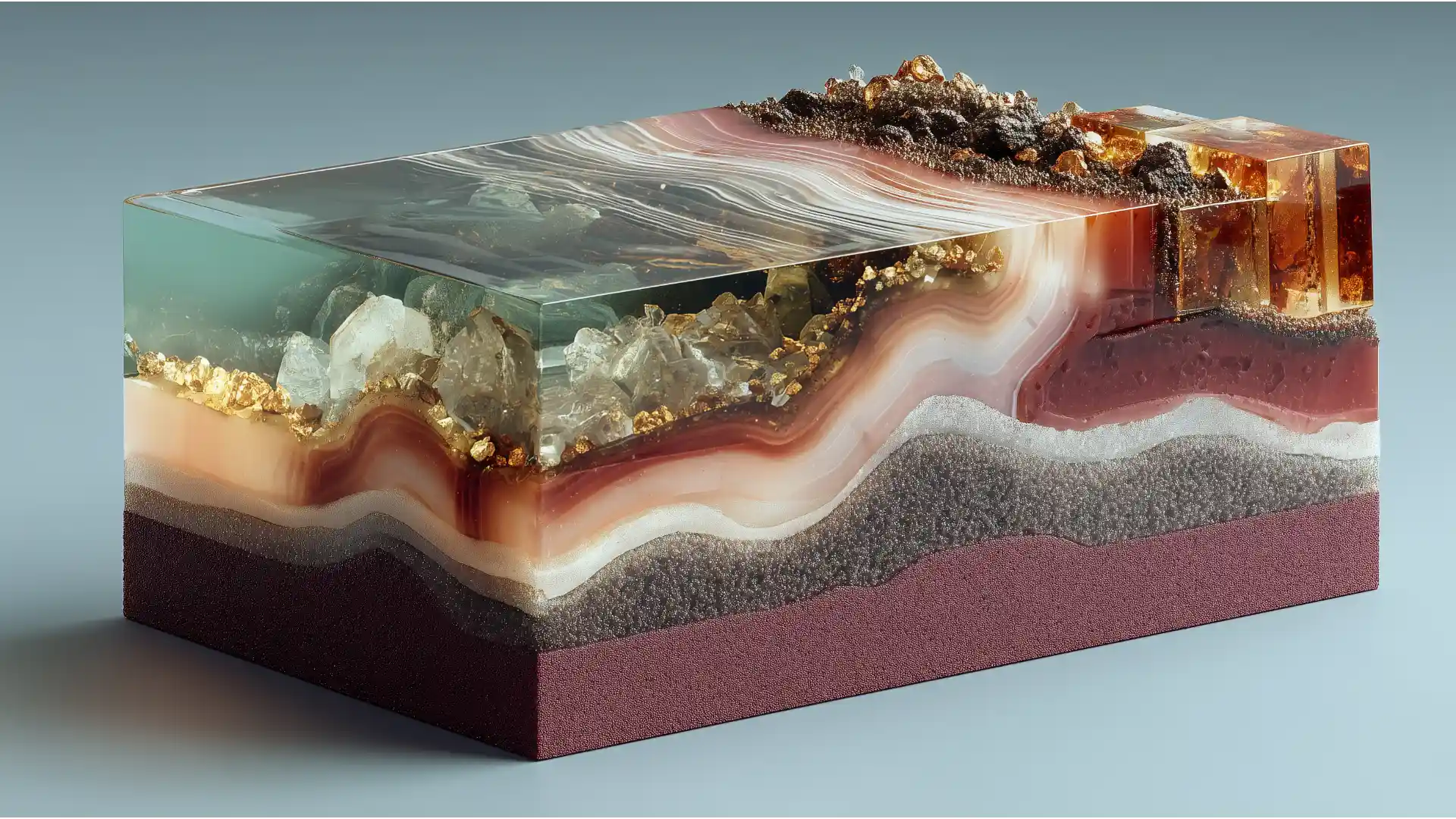 Abstract 3D render of a geological cross-section with six distinct layers, representing the stages of the corporate financial lifecycle for accountants.