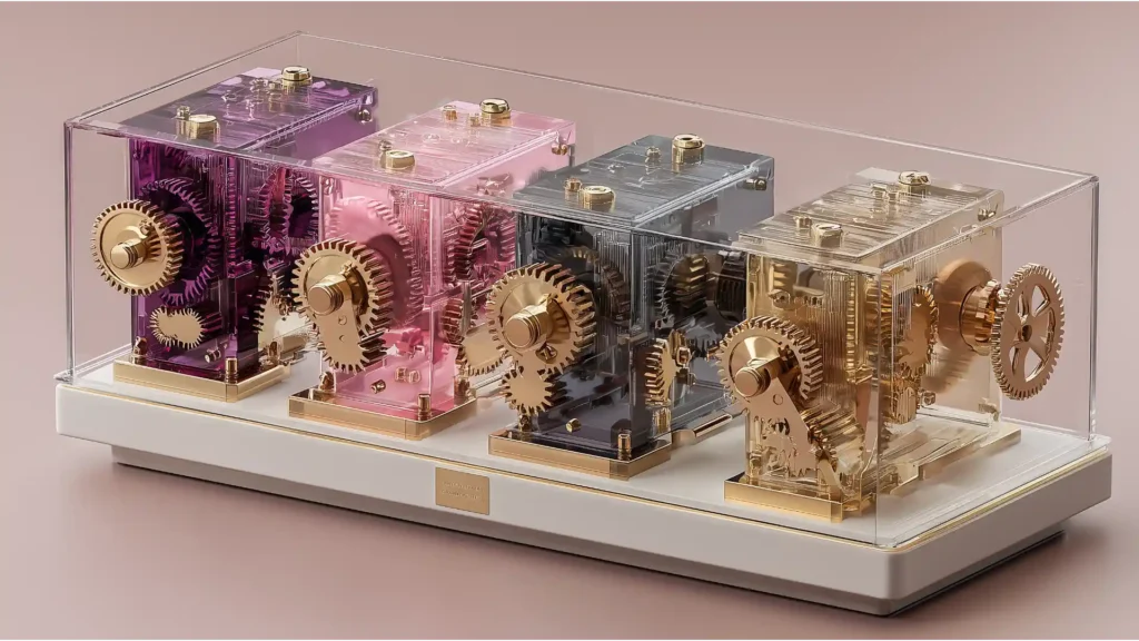 Abstract 3D render of four distinct financial mechanisms in a glass case, representing a comparison of corporate retirement plans for accountants.