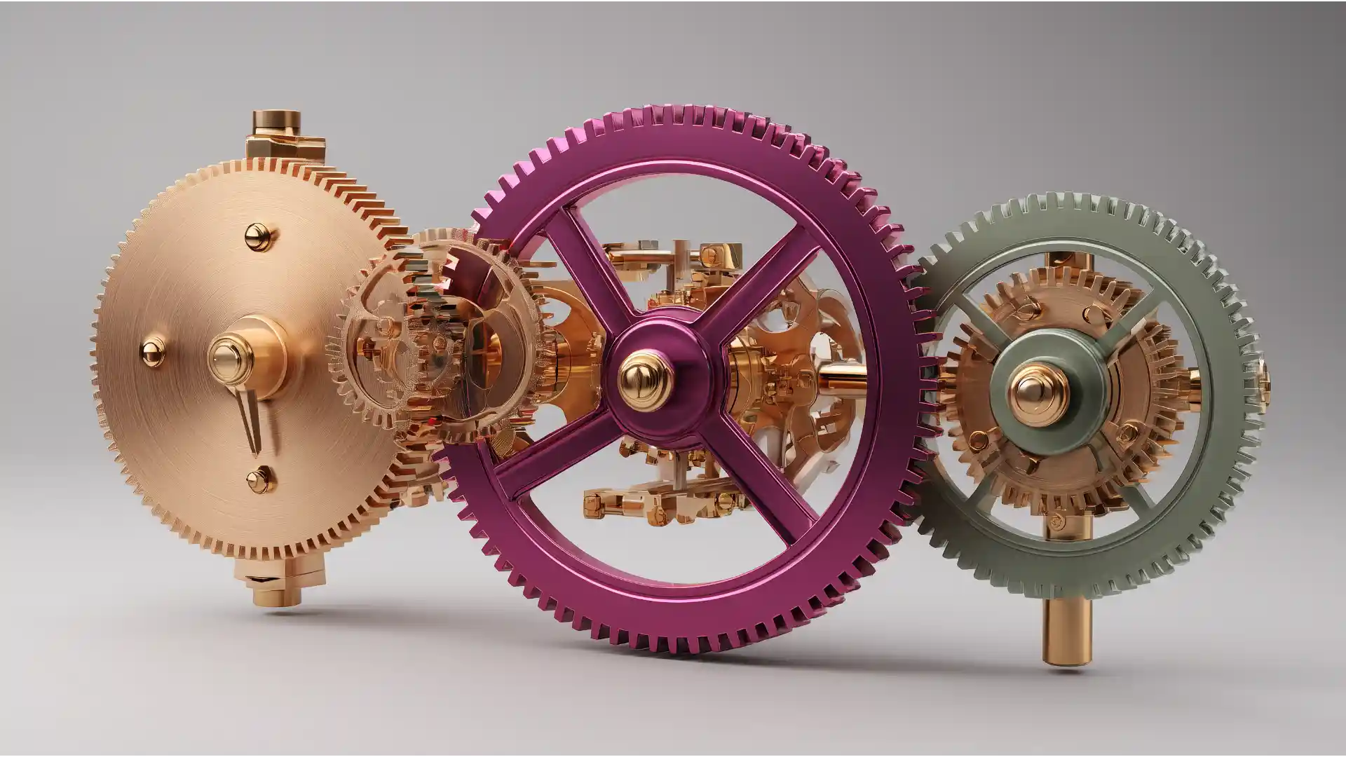 An abstract 3D render of a central rich plum gear connecting three other gears, symbolizing the DIY investor as the integrator for their IFA 'A-Team'.
