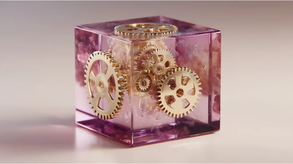 A 3D render of a translucent plum-colored cube, symbolizing the Medicus Pension Plan, revealing complex golden gears inside, representing the hidden trade-offs and questions to ask.