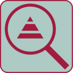 An icon representing Taxevity's insurance strategies, showing a magnifying glass analyzing the three-level pyramid of Protection, Growth, and Impact.