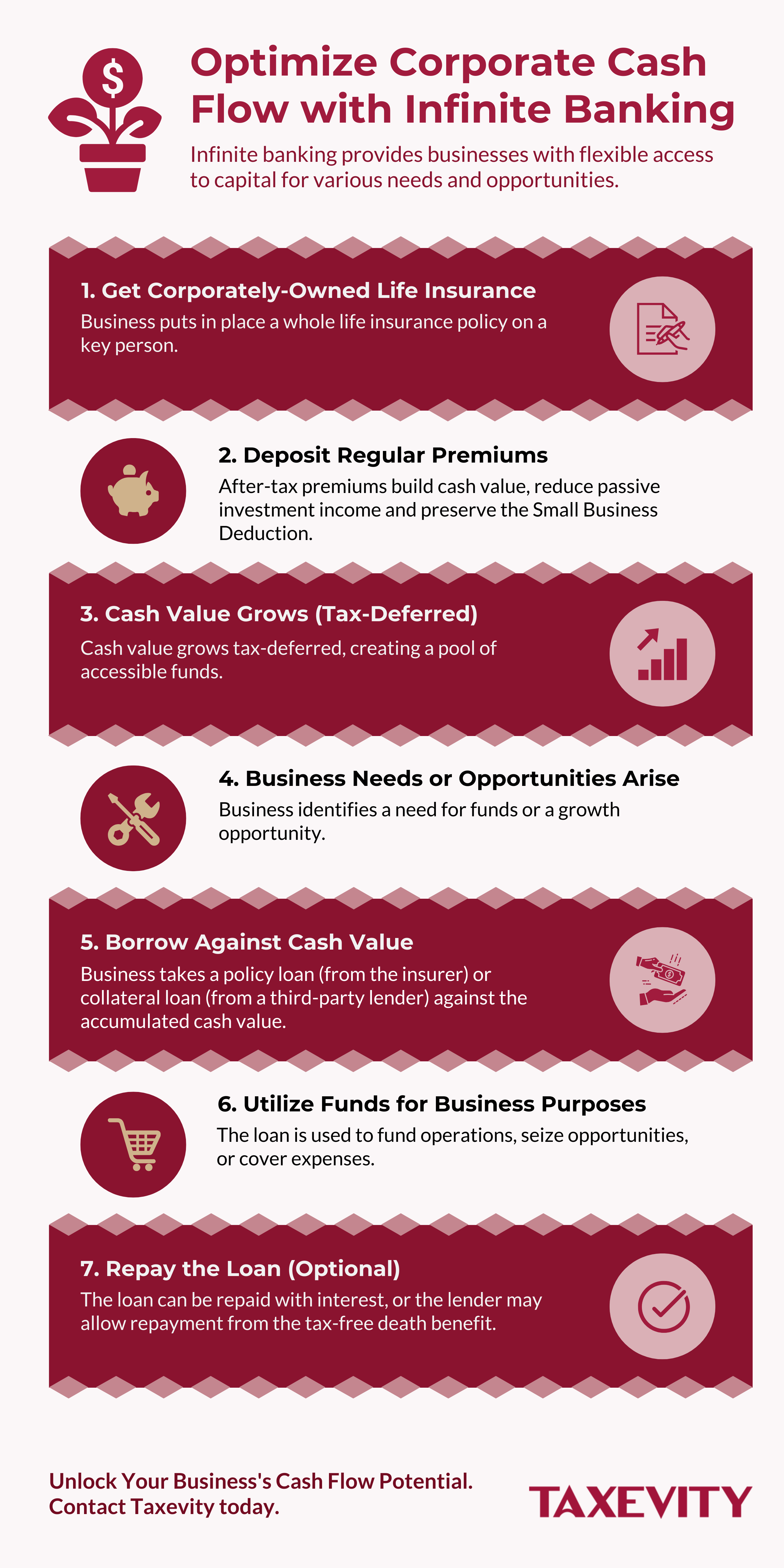 Taxevity infographic "Optimize Corporate Cash Flow with Infinite Banking" showing a 7-step cycle: Buy Policy, Pay Premiums (preserving SBD), Tax-Deferred Growth, Identify Needs, Borrow against Cash Value, Use Funds, and Optional Repayment via Death Benefit.