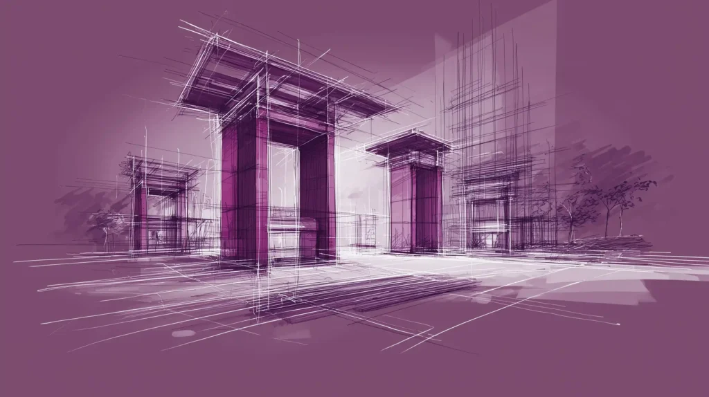 A high-contrast architectural concept sketch showing four distinct gateways, representing the Taxevity Feasibility Gates validation process.