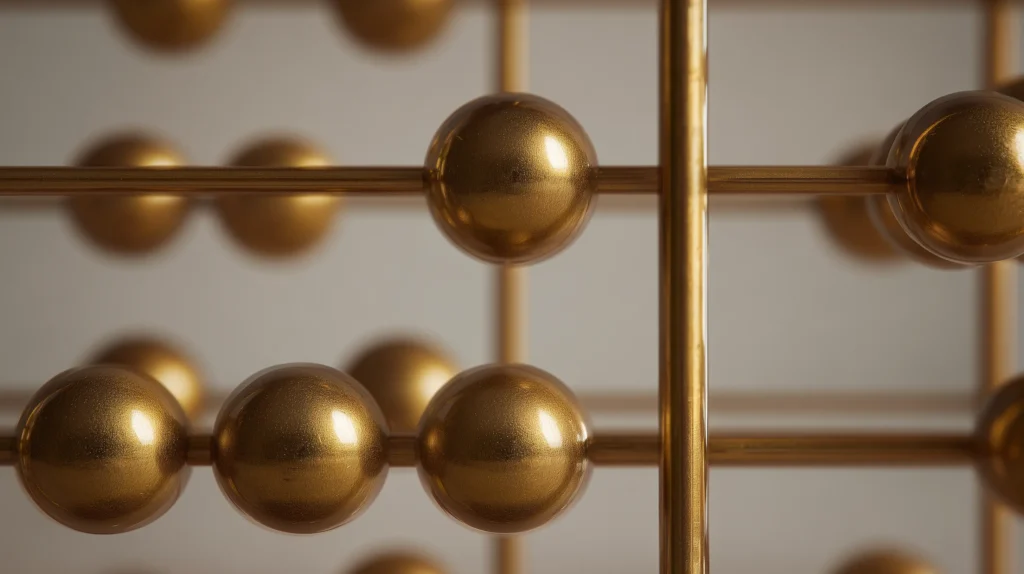 Stylized golden abacus grid structure, representing calculation, precision, and financial architecture.