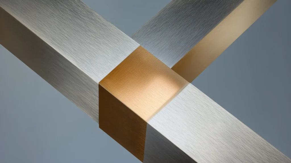 Abstract architectural intersection of a silver brushed steel beam and a honey gold block, symbolizing the strong partnership between advisors and Taxevity.