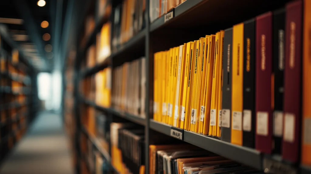 Cinematic view of a modern library archive with organized binders in gold and plum, symbolizing Taxevity's structured educational curriculum.