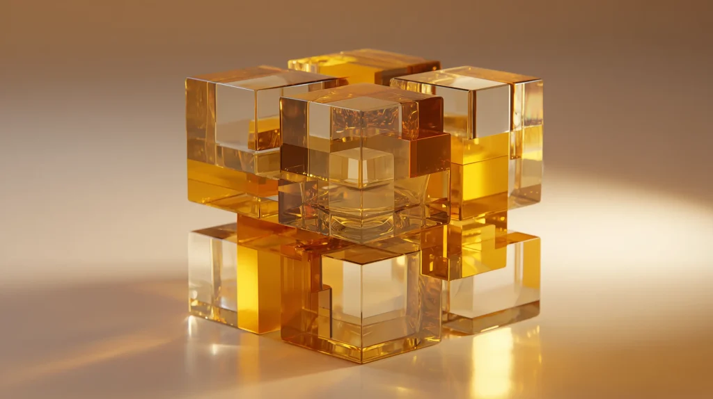 Abstract golden glass cube structure with interlocking parts, symbolizing business stability and wealth architecture.