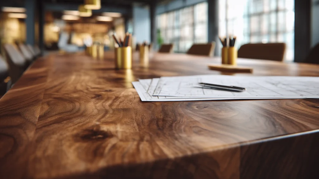 Cinematic photography of a polished meeting table with architectural plans and gold pens, symbolizing the collaborative partnership between Taxevity and other indepedent advisors.