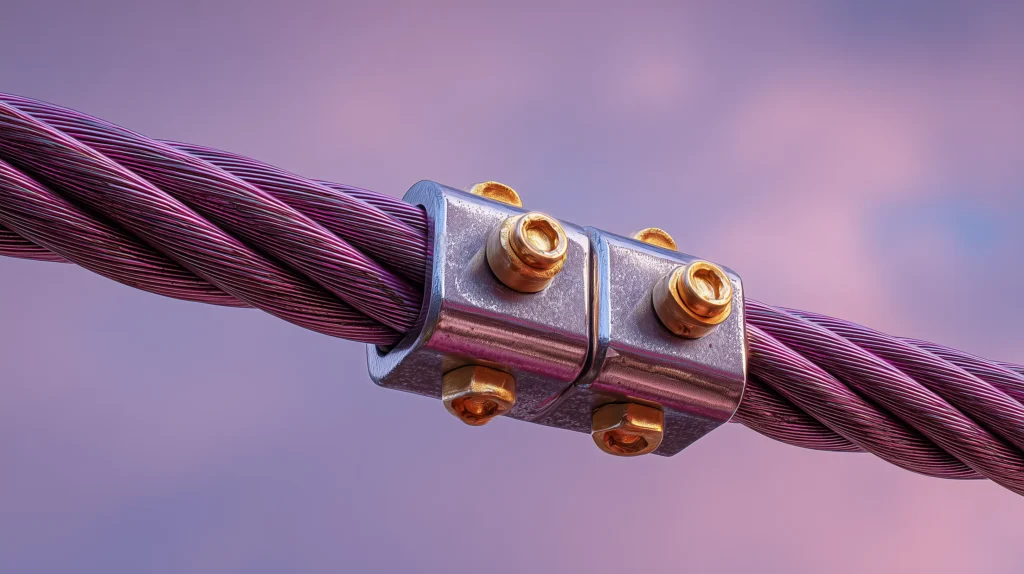 Close-up architectural detail of a steel cable anchor with gold bolts against a plum mist background, symbolizing secure communication and connection.