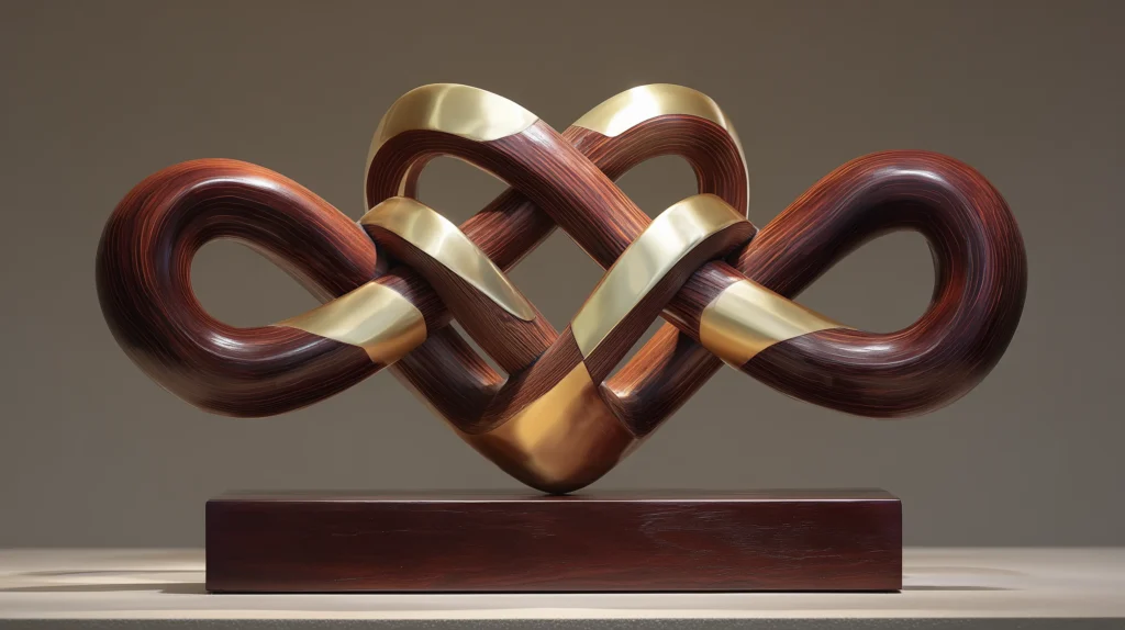 Sculptural knot of polished plum wood and gold metal bands, symbolizing the unbreakable bonds of family legacy.