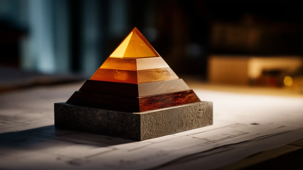 Architectural model of a three-tiered insurance pyramid on blueprints: stone base for Protection, plum wood core for Growth, and glowing gold capstone for Impact.