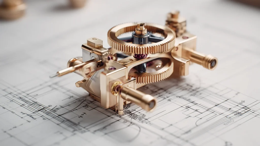Cinematic macro shot of a precision engineered mechanism with gold gears resting on architectural blueprints, symbolizing Taxevity's transparent and structured operational process.