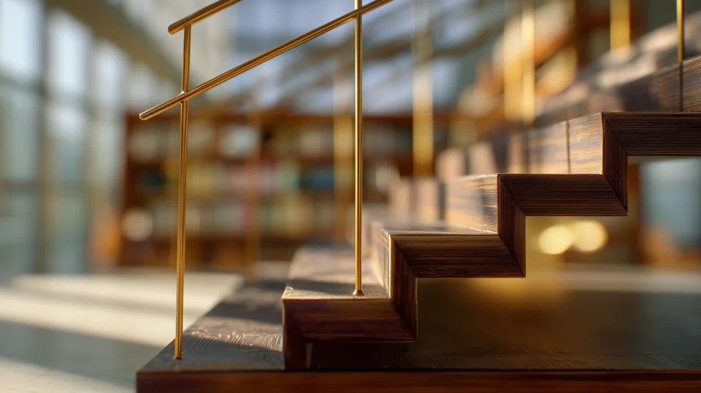 Cinematic macro shot of a polished architectural staircase model ascending towards warm light, symbolizing the client journey from protection to impact.