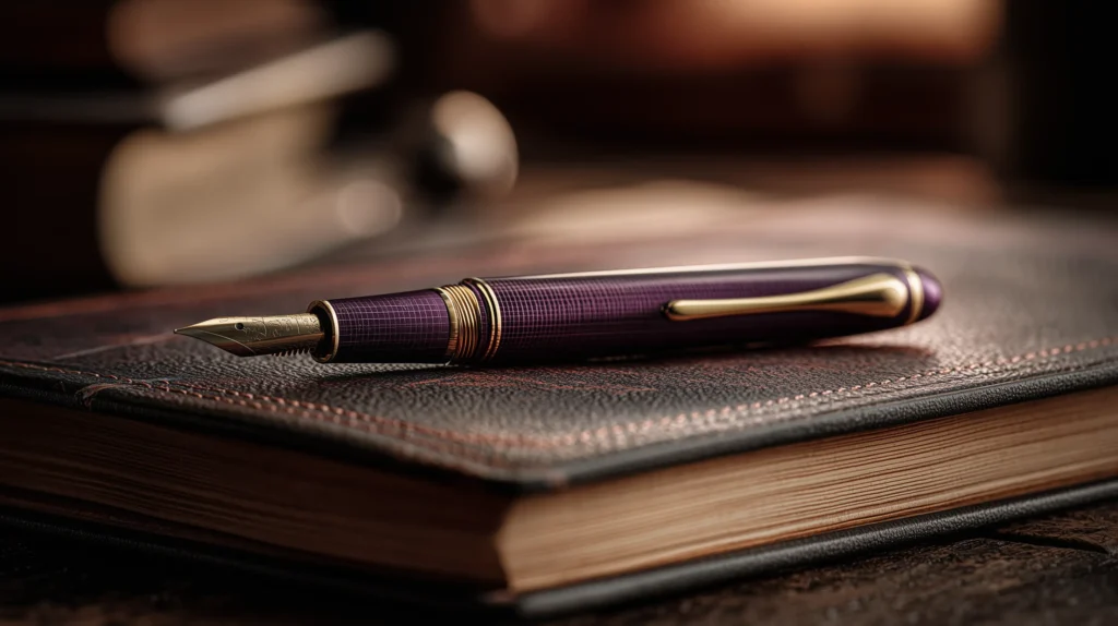 Close-up of a rich plum fountain pen resting on a textured planning journal, symbolizing the architectural design of a strategic financial legacy