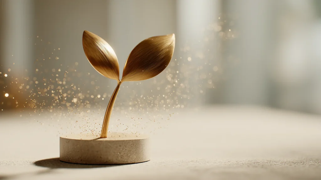 A sculpted golden seedling rising from a solid base, representing the foundation of a medical career and future financial growth.