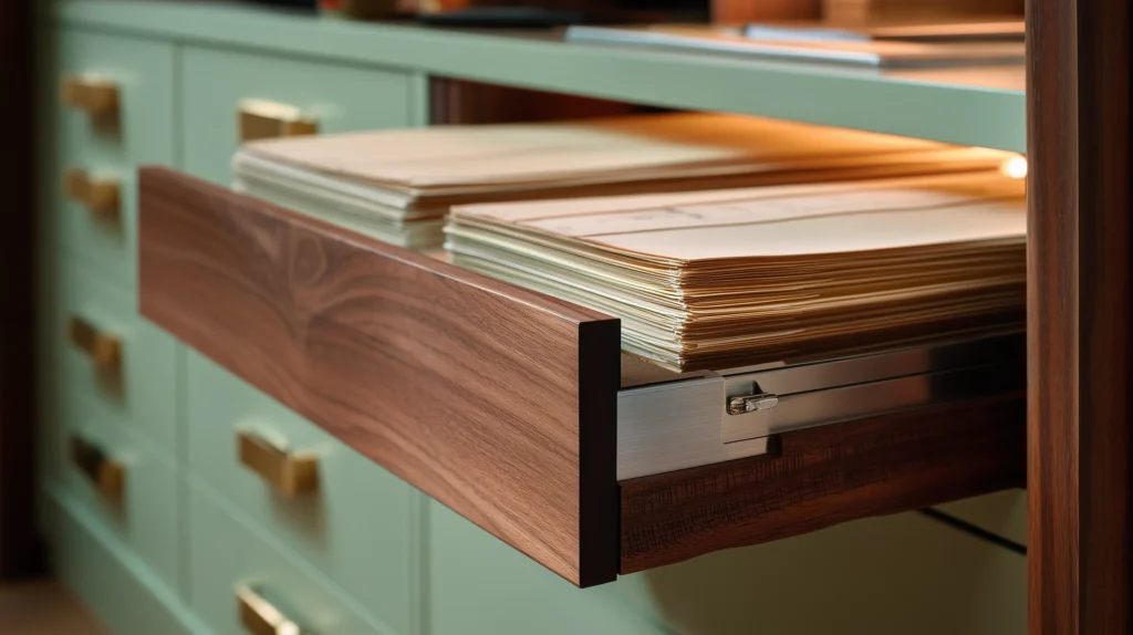 Close-up of a walnut and sage green architectural plan cabinet with an open drawer revealing organized blueprints, symbolizing a vault of financial strategies.