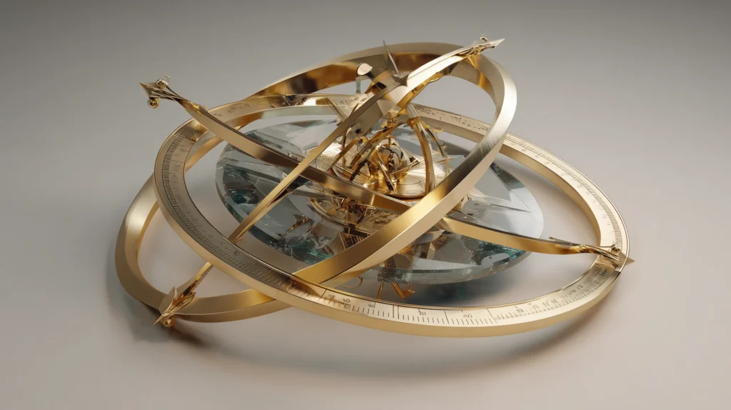 Stylized golden astrolabe compass, representing strategic financial direction and growth.