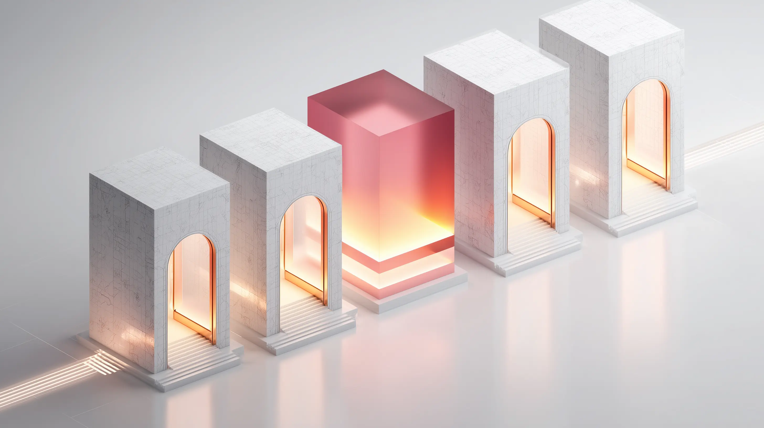 Isometric architectural illustration: a sequence of four white stone gateways leading to a solid, glowing rich plum geometric block. Represents the filtering process of the 4 Feasibility Gates (Health, Finances, Temperament, Strategic Fit).