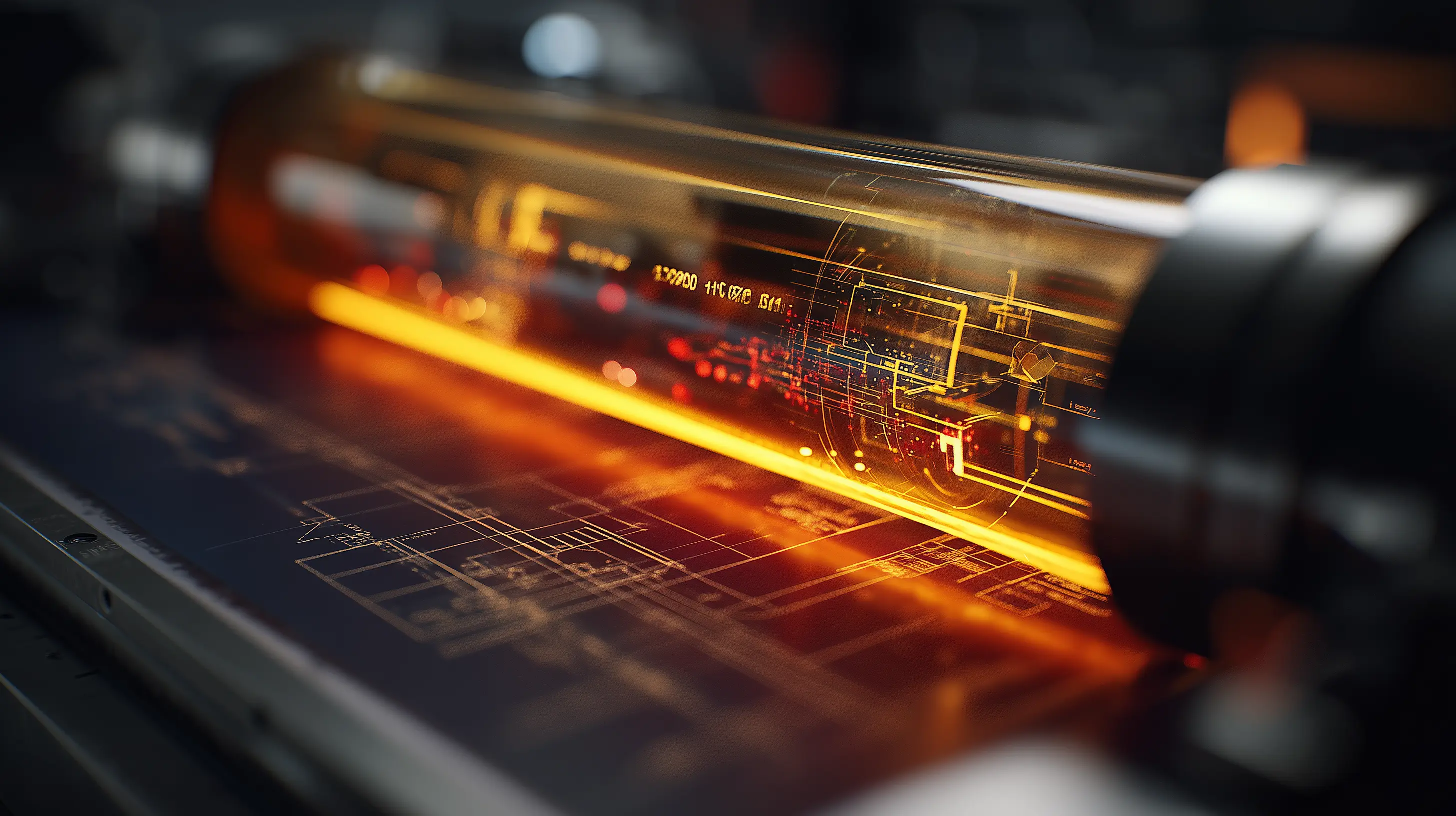 Close-up macro shot of a glowing honey-gold digital scanner light passing over an architectural blueprint, revealing digital data. Represents using AI to sanity-check an insurance proposal.