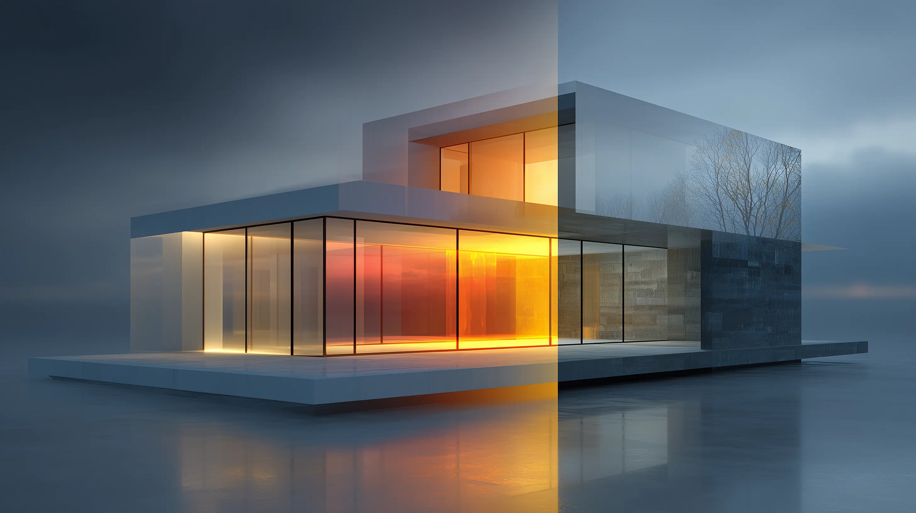 Split composition architectural render: one side is a pristine building in sunlight representing a standard sales proposal; the other side is weathering a heavy storm, representing an Insurance Feasibility Audit.