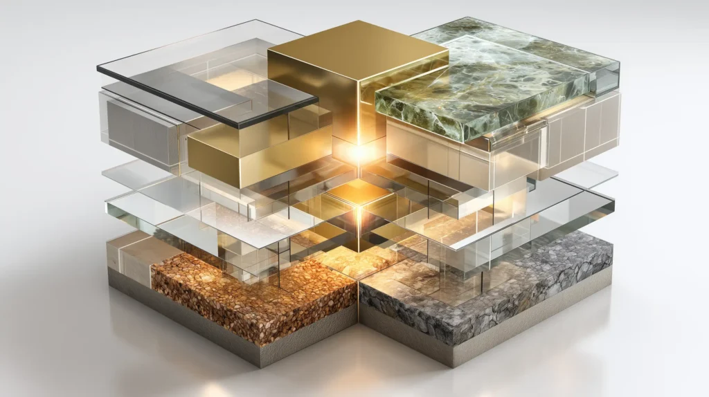 Exploded isometric architectural diagram featuring three distinct floating layers: a gold metal top, a transparent glass middle, and a rich plum stone base. Represents the synthesis of advice from wealth advisors, accountants, and Taxevity for insurance.