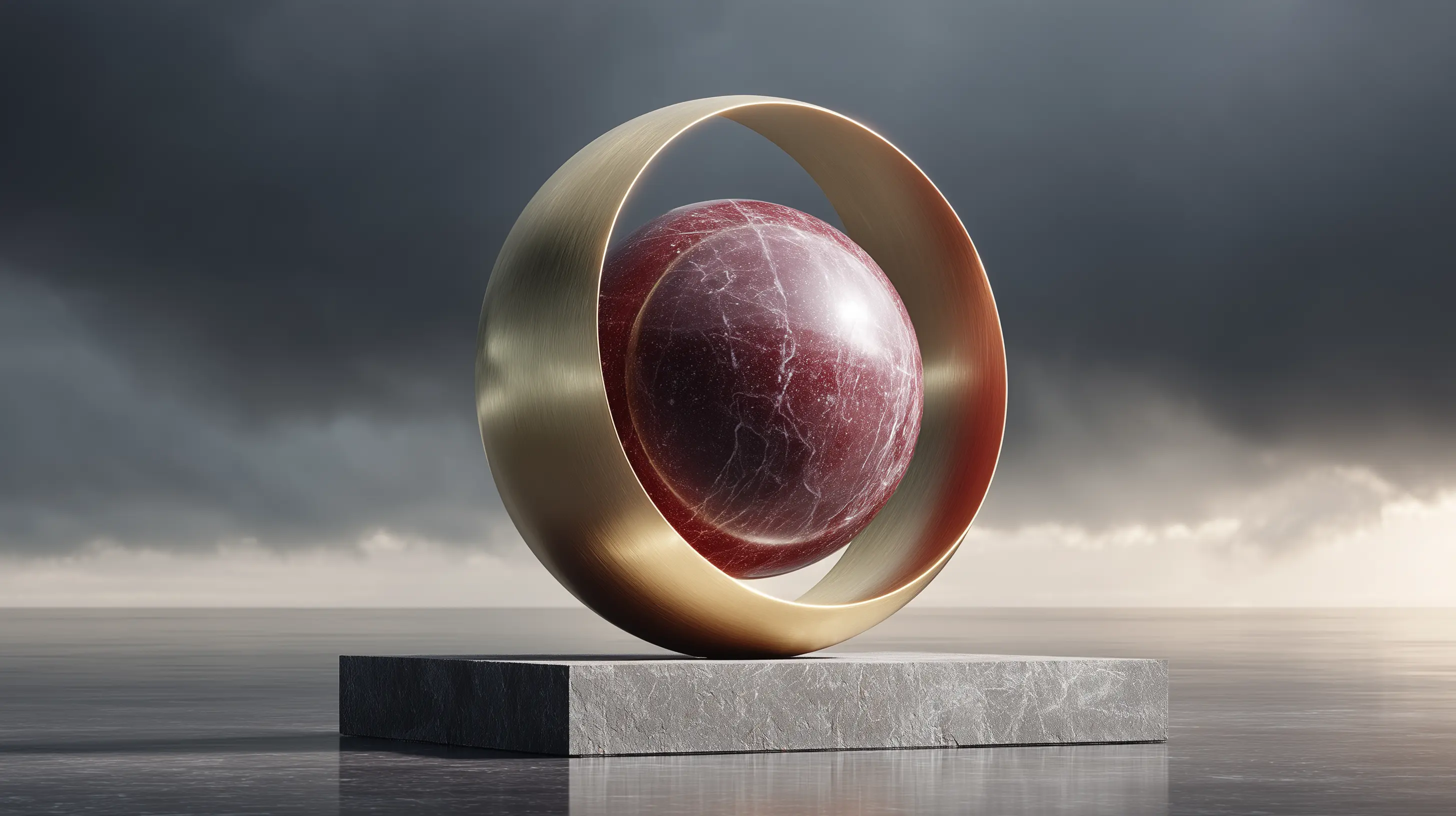 3D kinetic sculpture featuring a rich plum marble sphere resting securely inside a heavy gold ring. The object stands perfectly still and stable, contrasting with a grey motion-blurred background representing a market storm.