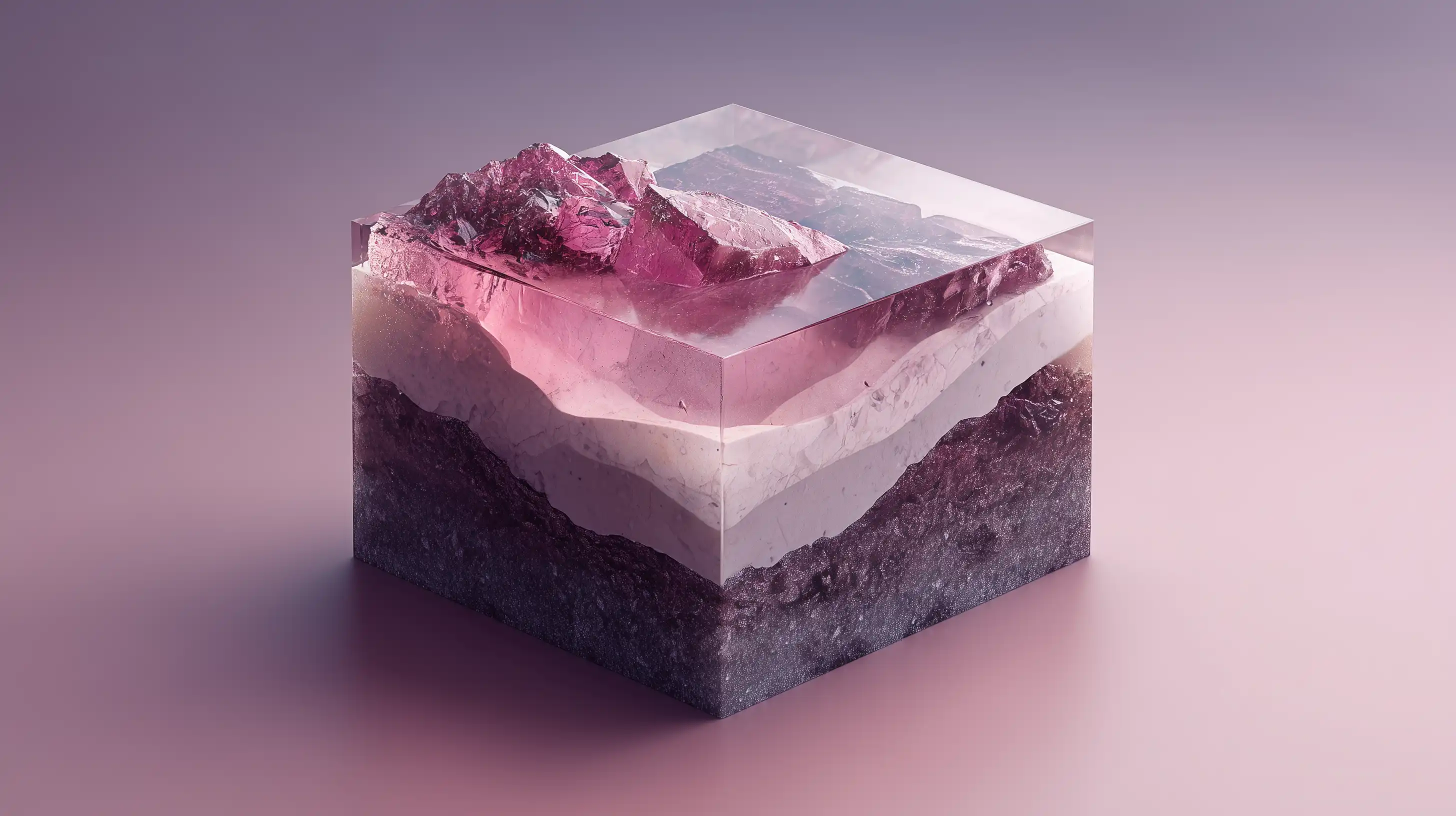 A 3D abstract rendering of a solid, integrated block transitioning from a heavy, dark stone base into a crystalline rich plum top, representing the unshakeable solvency of top-tier Canadian life insurers.