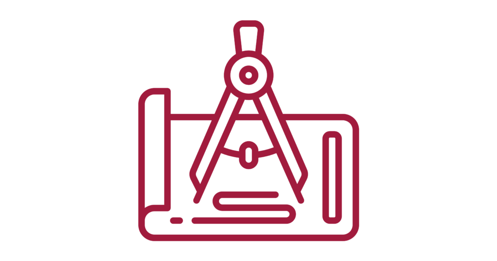Rich plum drafting compass icon on a blueprint, representing custom strategy design.