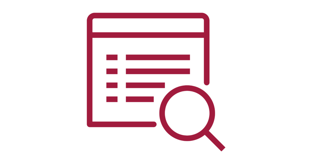 Rich plum magnifying glass icon examining a document line art, representing an insurance feasibility audit.