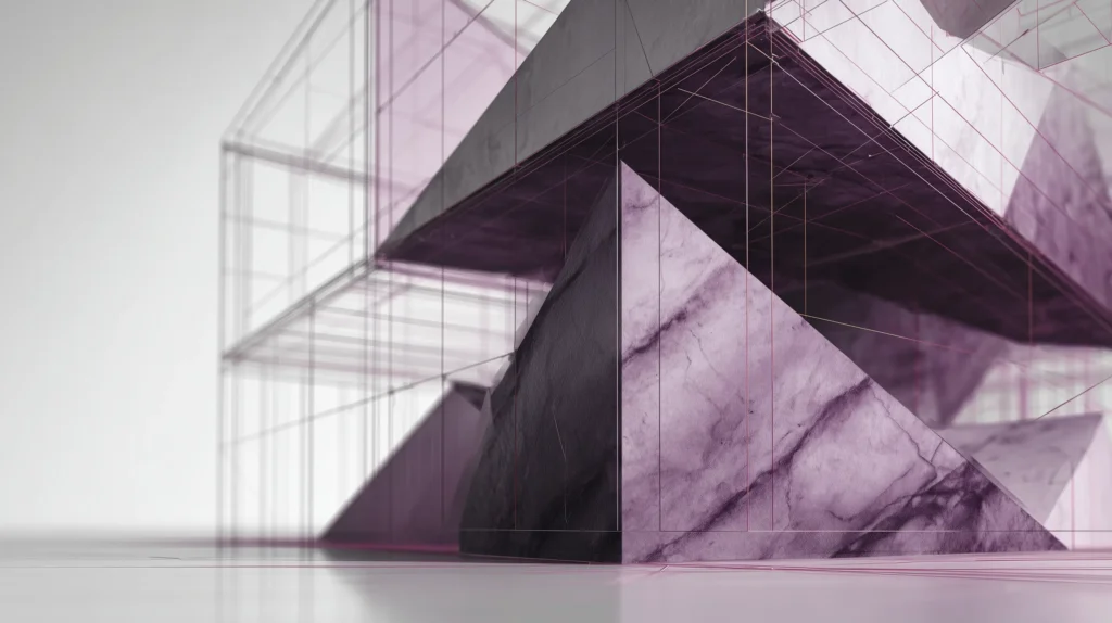 Abstract architectural structure transitioning from a charcoal wireframe sketch to solid limestone and deep plum materials, representing the Taxevity insurance design process.