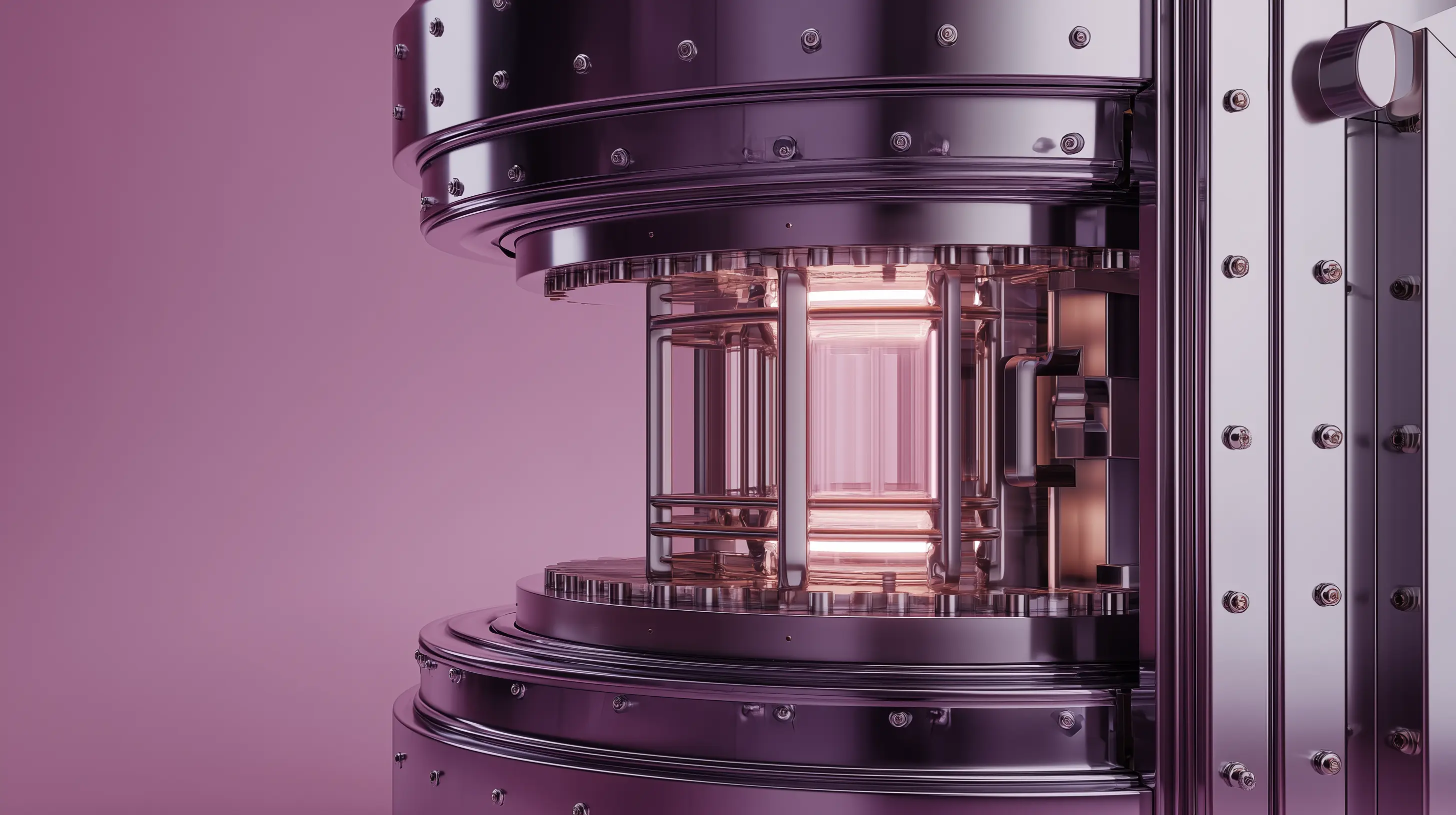 A 3D architectural rendering of a sleek, metallic vault mechanism safely preserving a glowing plum core, representing the Future Income Option locking in a medical trainee's pristine health.