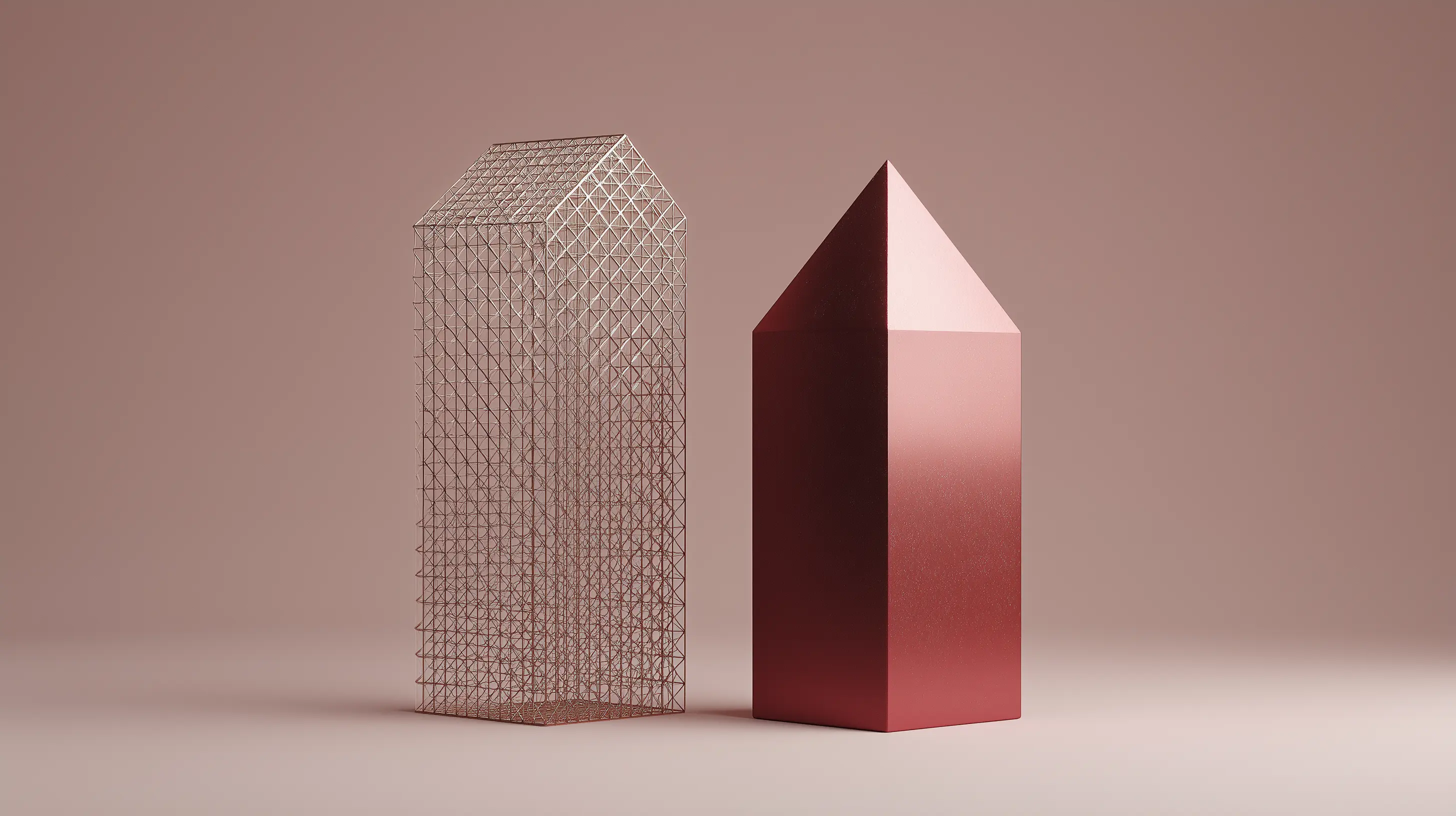 A 3D architectural rendering contrasting a fragile wireframe structure on the left with a solid, permanent plum geometric obelisk on the right, symbolizing association group versus private disability insurance.